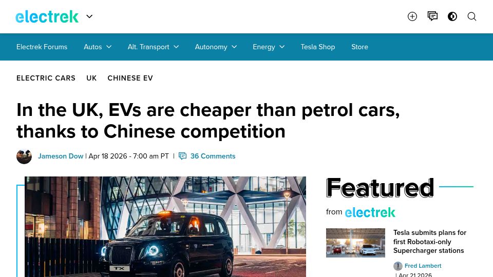 Screenshot of electrek.co: In the UK, EVs are cheaper than petrol cars, thanks to Chinese competition