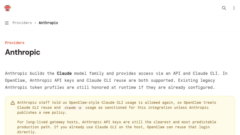 Screenshot of docs.openclaw.ai: Anthropic says OpenClaw-style Claude CLI usage is allowed again
