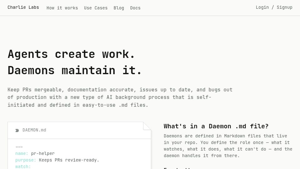 Screenshot of charlielabs.ai: Show HN: Daemons – we pivoted from building agents to cleaning up after them
