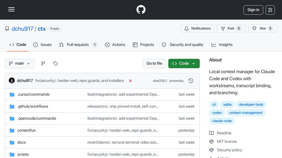 Screenshot of github.com: Show HN: Ctx – a /resume that works across Claude Code and Codex