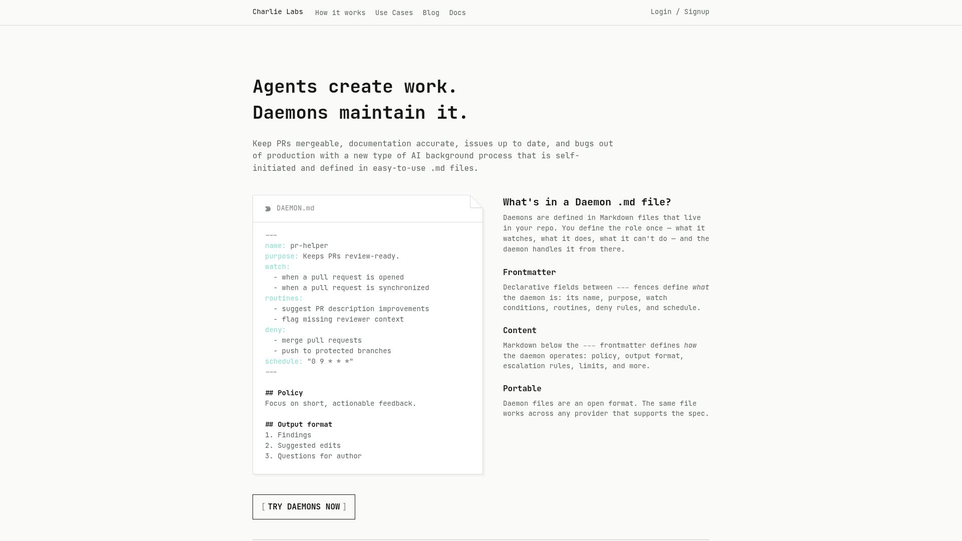 Screenshot of charlielabs.ai: Show HN: Daemons – we pivoted from building agents to cleaning up after them