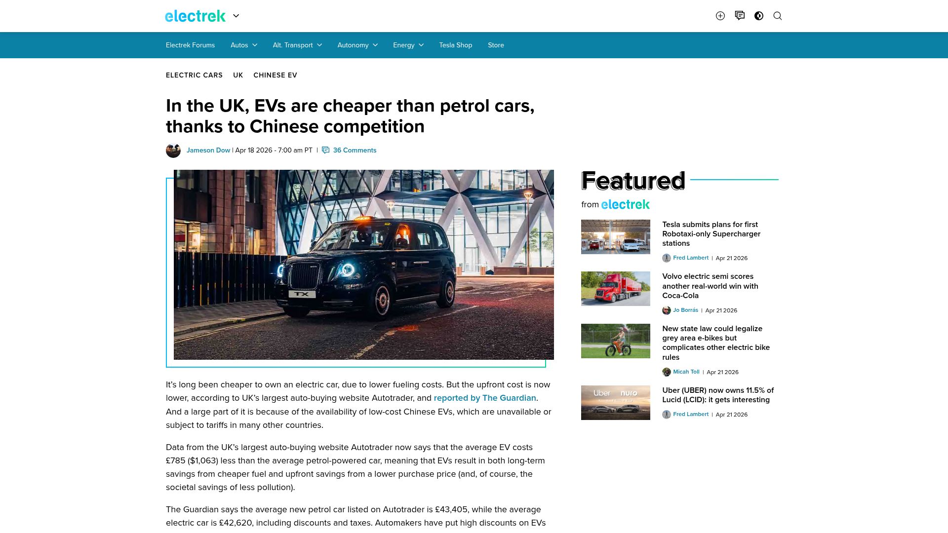 Screenshot of electrek.co: In the UK, EVs are cheaper than petrol cars, thanks to Chinese competition