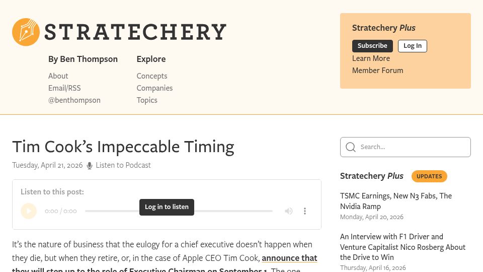 Screenshot of stratechery.com: Tim Cook's Impeccable Timing