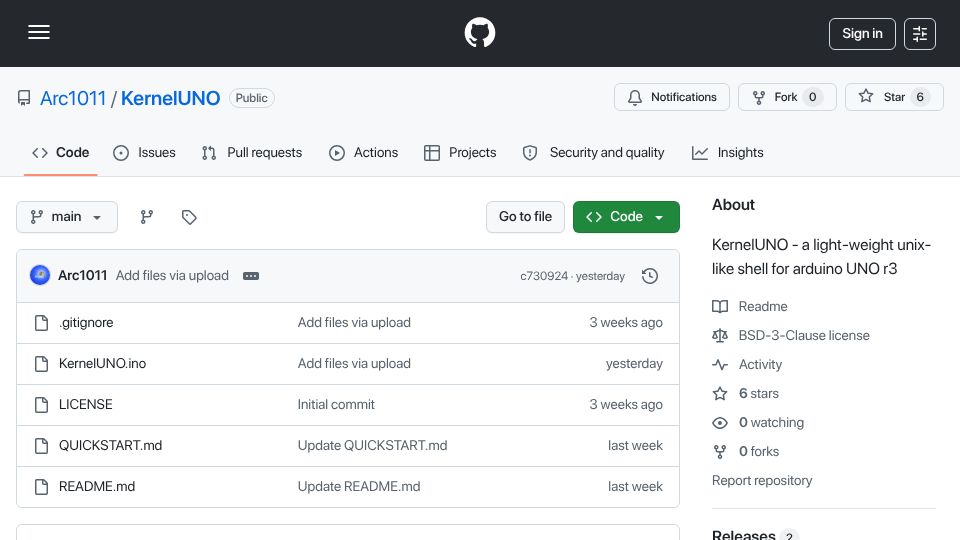 Screenshot of github.com: Ibuilt a tiny Unix‑like 'OS' with shell and filesystem for Arduino UNO (2KB RAM)