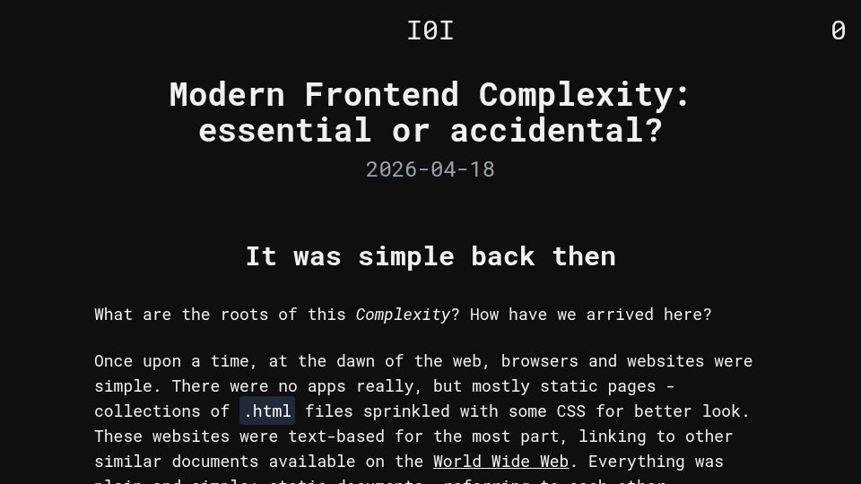 Screenshot of binaryigor.com: Modern Front end Complexity: essential or accidental?