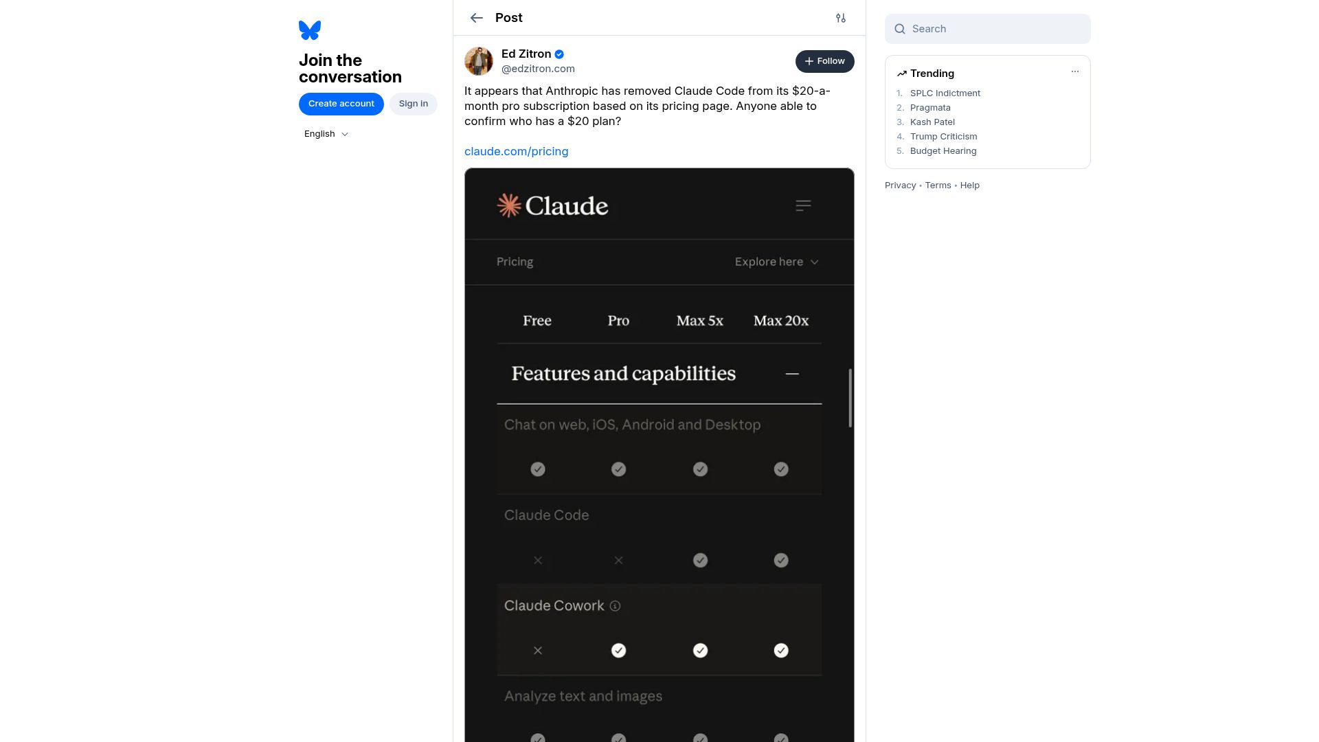 Screenshot of bsky.app: Claude Code to be removed from Pro Tier?
