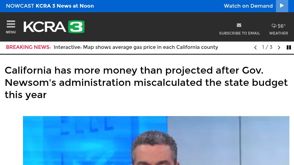 Screenshot of kcra.com: California has more money than projected after admin miscalculated state budget