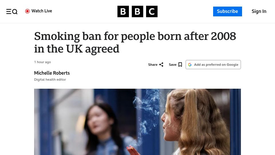 Screenshot of bbc.co.uk: Smoking ban for people born after 2008 in the UK agreed
