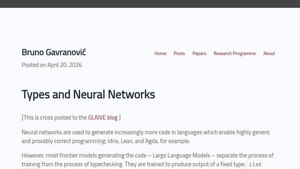 Screenshot of brunogavranovic.com: Types and Neural Networks