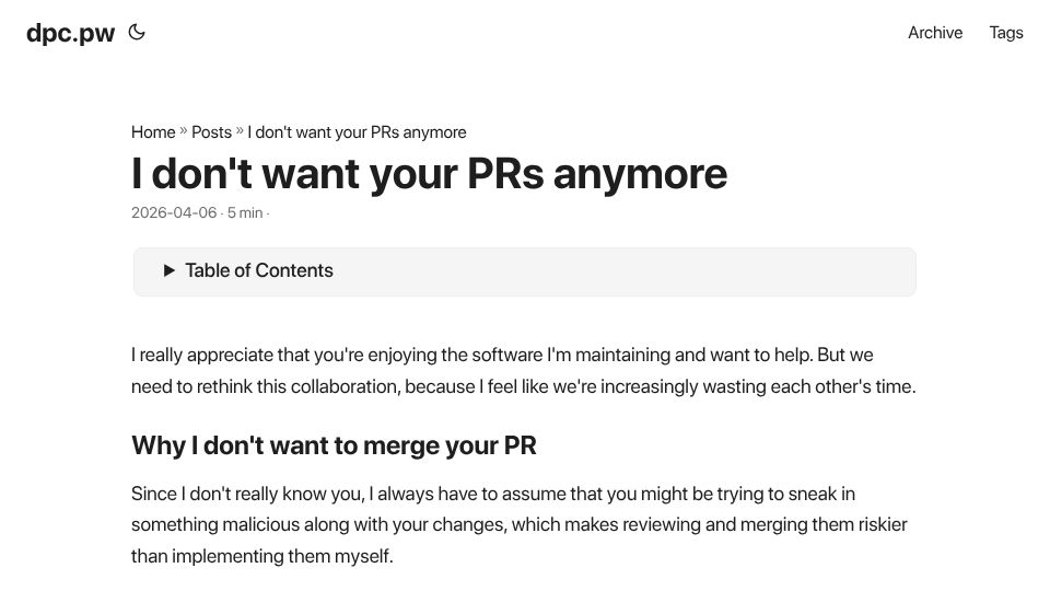 Screenshot of dpc.pw: I don't want your PRs anymore