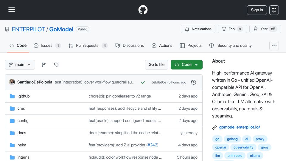 Screenshot of github.com: Show HN: GoModel – an open-source AI gateway in Go