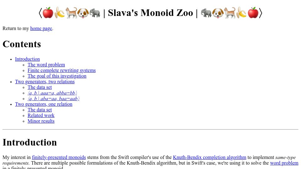 Screenshot of factorcode.org: Slava's Monoid Zoo