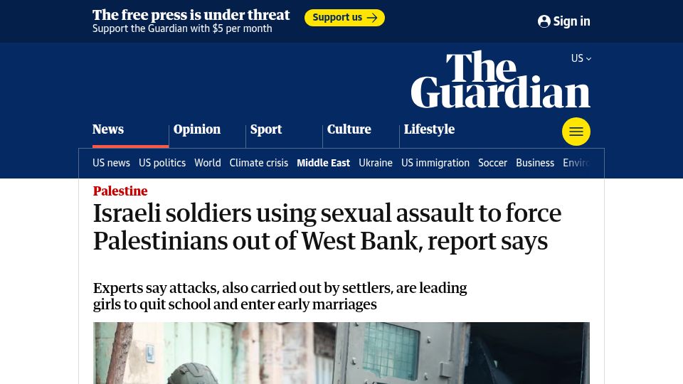Screenshot of theguardian.com: Israeli soldiers using sexual assault to force Palestinians out of West Bank