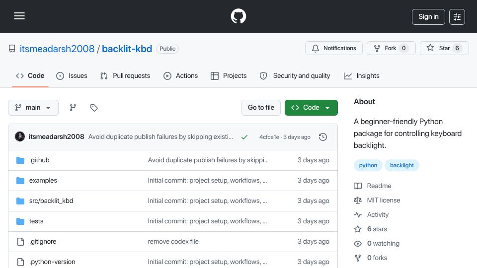 Screenshot of github.com: Show HN: Backlit Keyboard API for Python