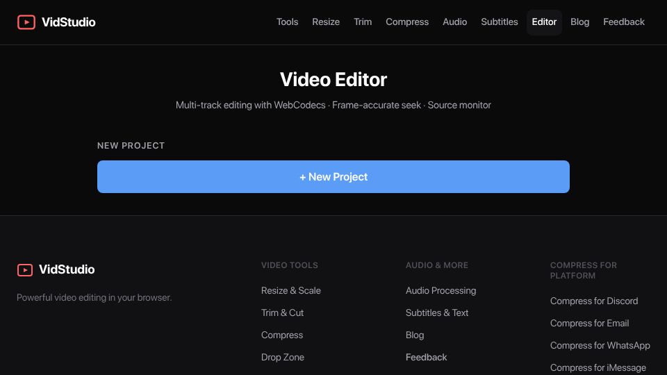 Screenshot of vidstudio.app: Show HN: VidStudio, a browser based video editor that doesn't upload your files