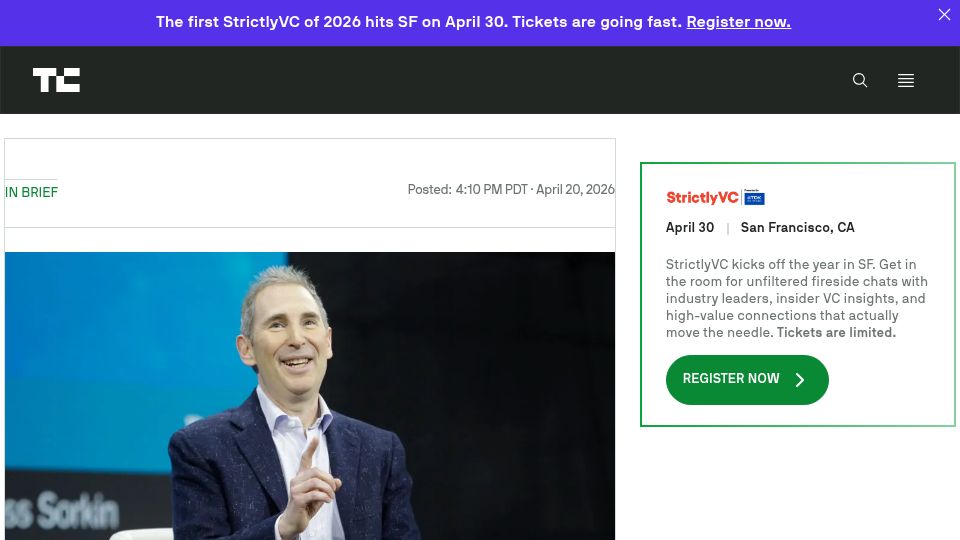 Screenshot of techcrunch.com: Anthropic takes $5B from Amazon and pledges $100B in cloud spending in return