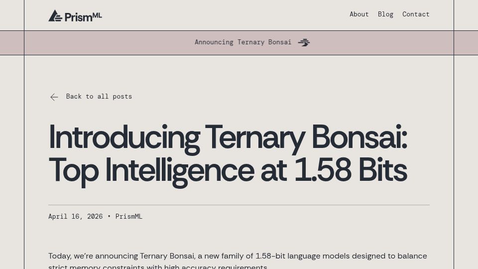 Screenshot of prismml.com: Ternary Bonsai: Top Intelligence at 1.58 Bits