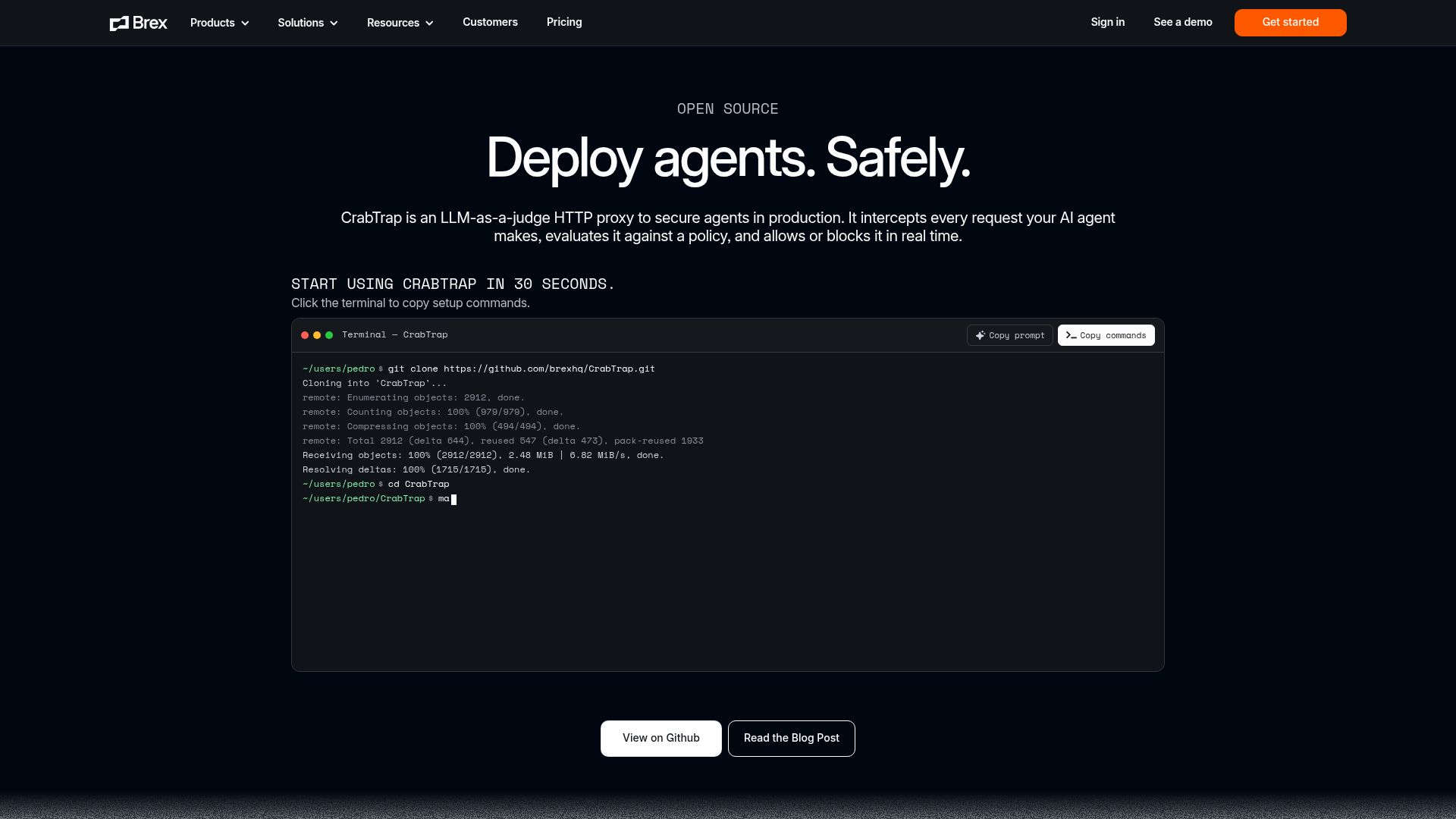 Screenshot of brex.com: CrabTrap: An LLM-as-a-judge HTTP proxy to secure agents in production