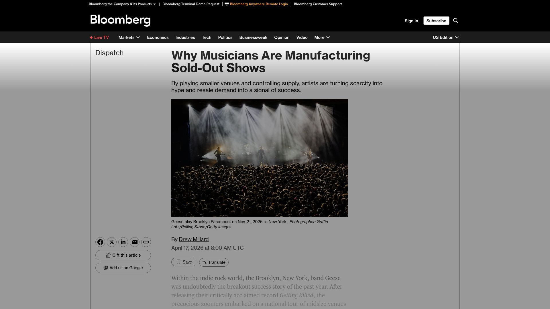 Screenshot of bloomberg.com: Why Musicians Are Manufacturing Sold-Out Shows