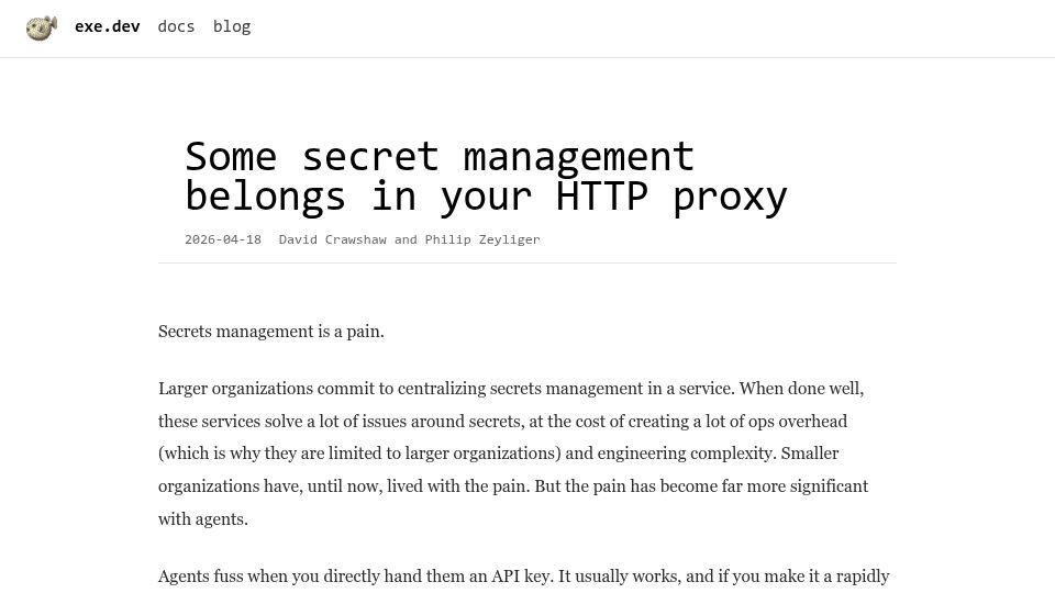 Screenshot of blog.exe.dev: Some secret management belongs in your HTTP proxy