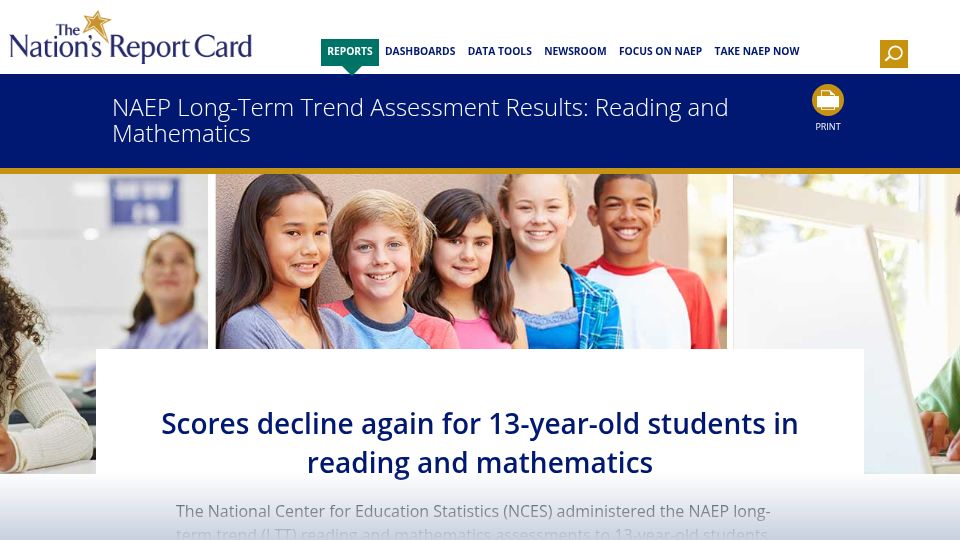 Screenshot of nationsreportcard.gov: Scores decline again for 13-year-old students in reading and mathematics