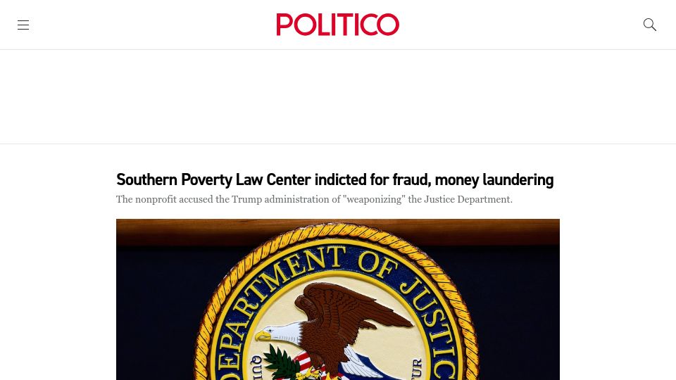 Screenshot of politico.com: Southern Poverty Law Center indicted for fraud, money laundering