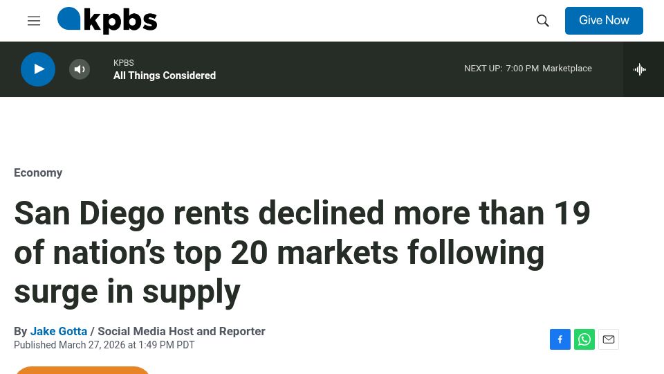Screenshot of kpbs.org: San Diego rents declined following surge in supply