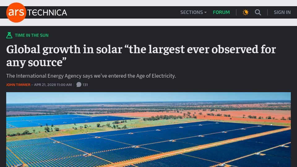 Screenshot of arstechnica.com: Global growth in solar "the largest ever observed for any source"
