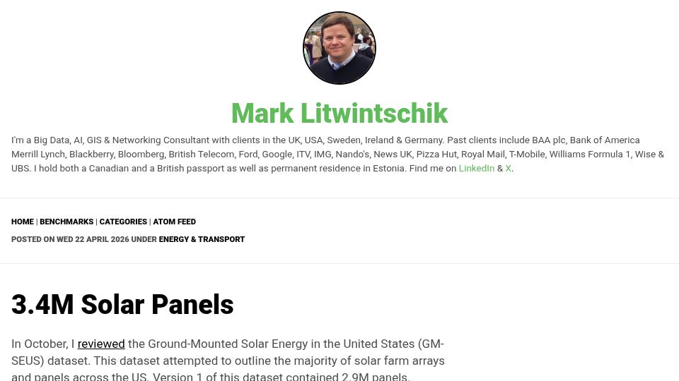 Screenshot of tech.marksblogg.com: 3.4M Solar Panels