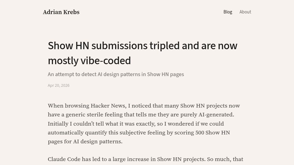 Screenshot of adriankrebs.ch: Scoring Show HN submissions for AI design patterns