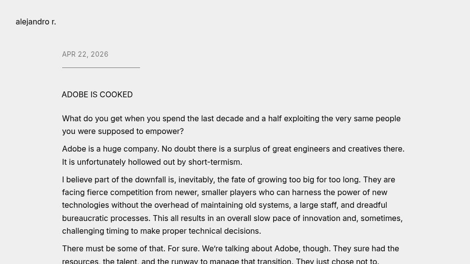 Screenshot of malejandro.com: Adobe Is Cooked