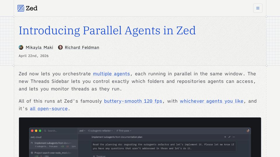 Screenshot of zed.dev: Parallel agents in Zed