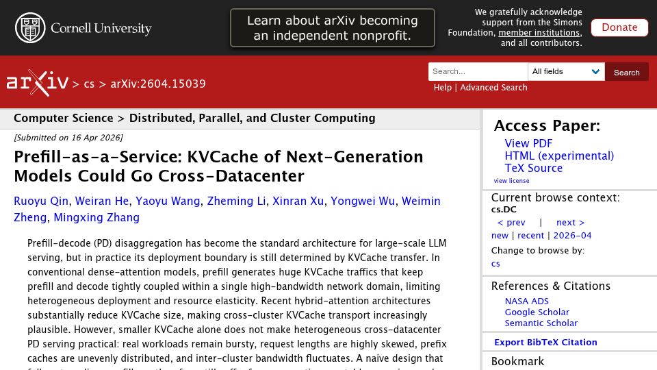 Screenshot of arxiv.org: Prefill-as-a-Service:KVCache of Next-Generation Models Could Go Cross-Datacenter