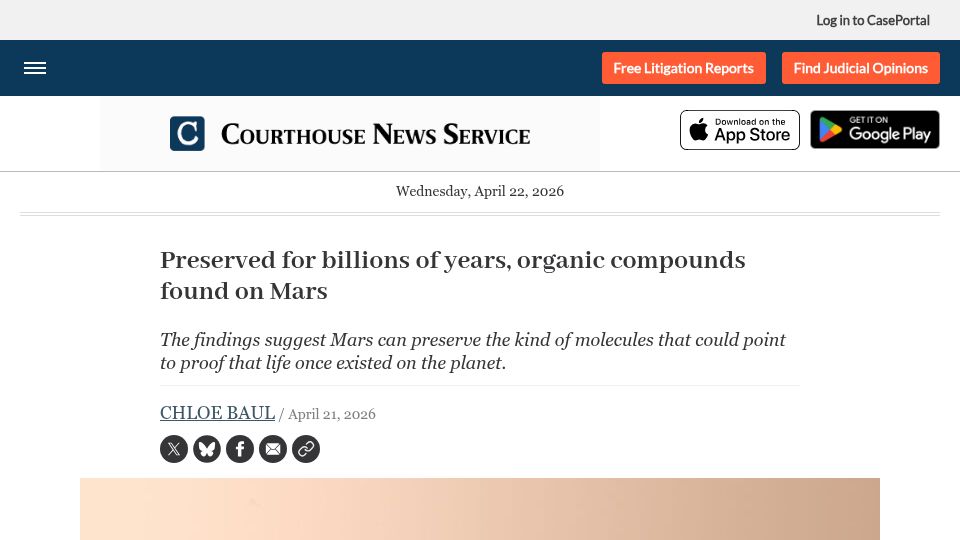 Screenshot of courthousenews.com: Diverse organic molecules on Mars revealed by the first SAM TMAH experiment