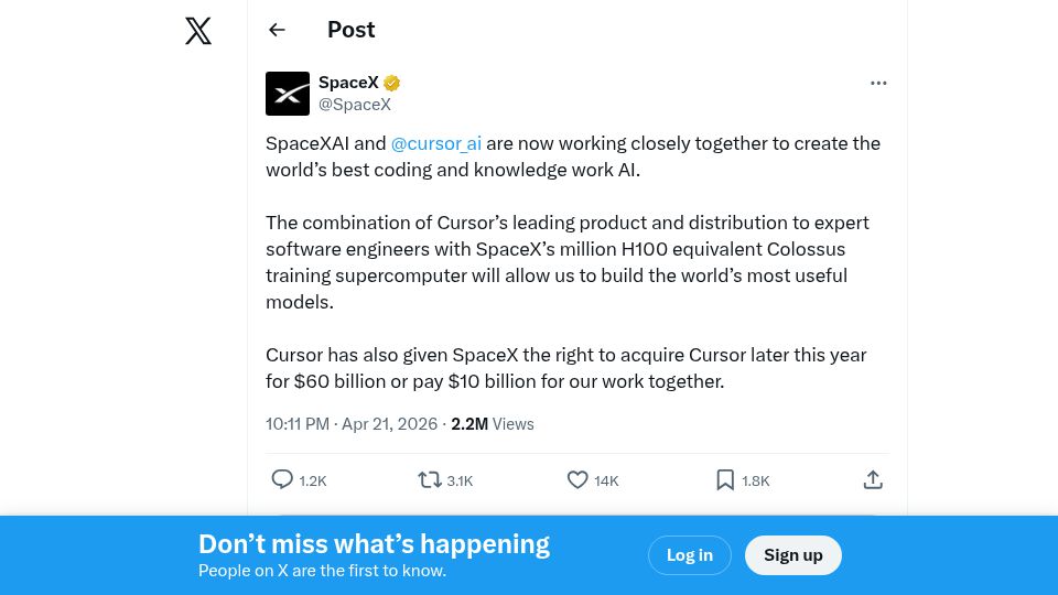 Screenshot of twitter.com: SpaceX says it has agreement to acquire Cursor for $60B