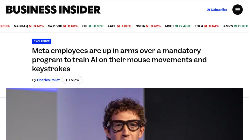 Screenshot of businessinsider.com: Meta employees are up in arms over a mandatory program to train AI on their