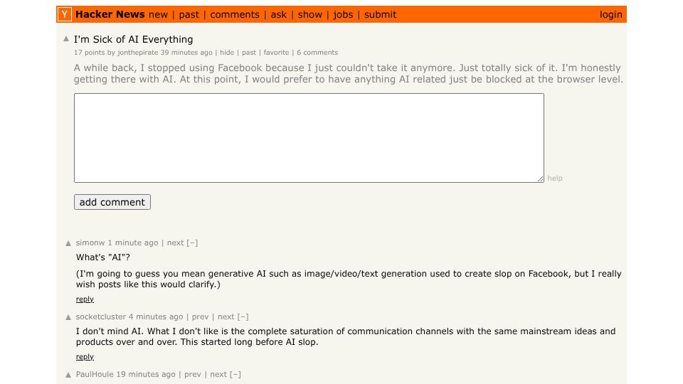 Screenshot of Hacker News post: I'm Sick of AI Everything