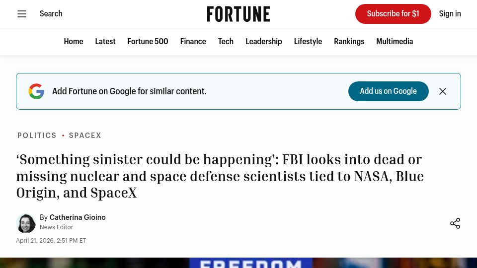 Screenshot of fortune.com: FBI looks into dead or missing scientists tied to NASA, Blue Origin, SpaceX