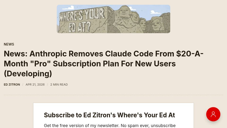 Screenshot of wheresyoured.at: Claude Code Removed from $20-a-Month "Pro" Subscription for New Users