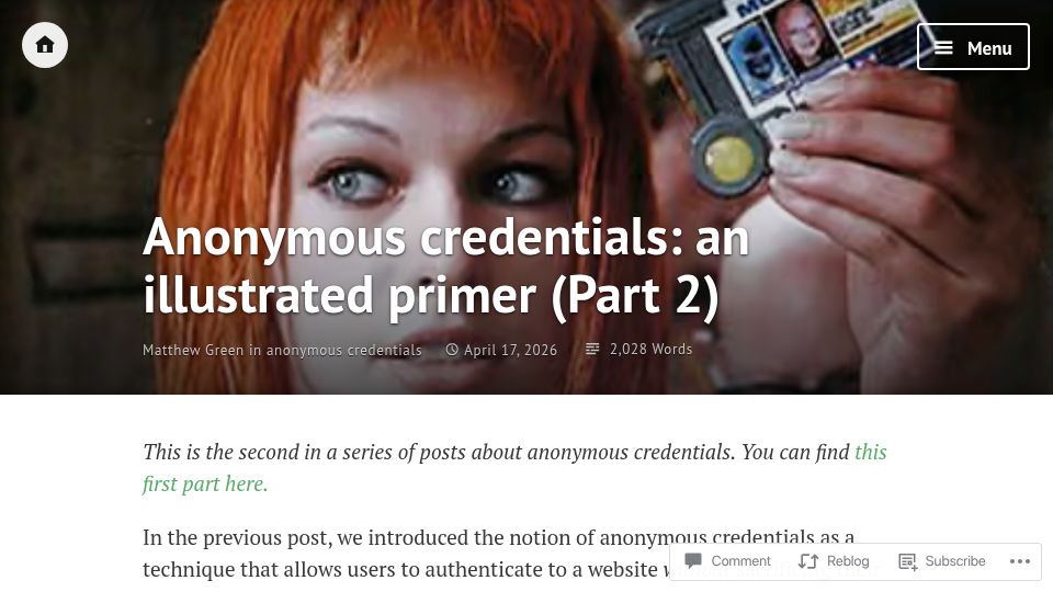 Screenshot of blog.cryptographyengineering.com: Anonymous credentials: an illustrated primer (Part 2)
