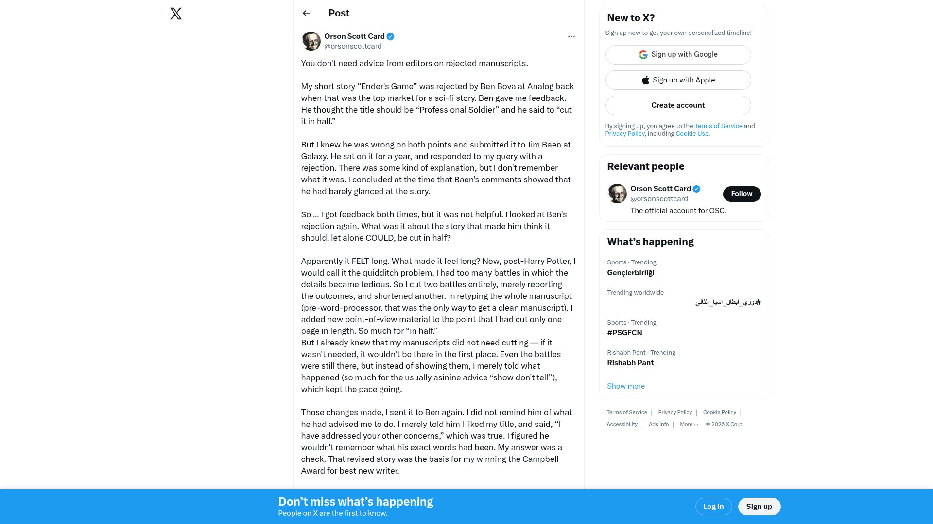 Screenshot of twitter.com: You don't need advice from editors on rejected manuscripts