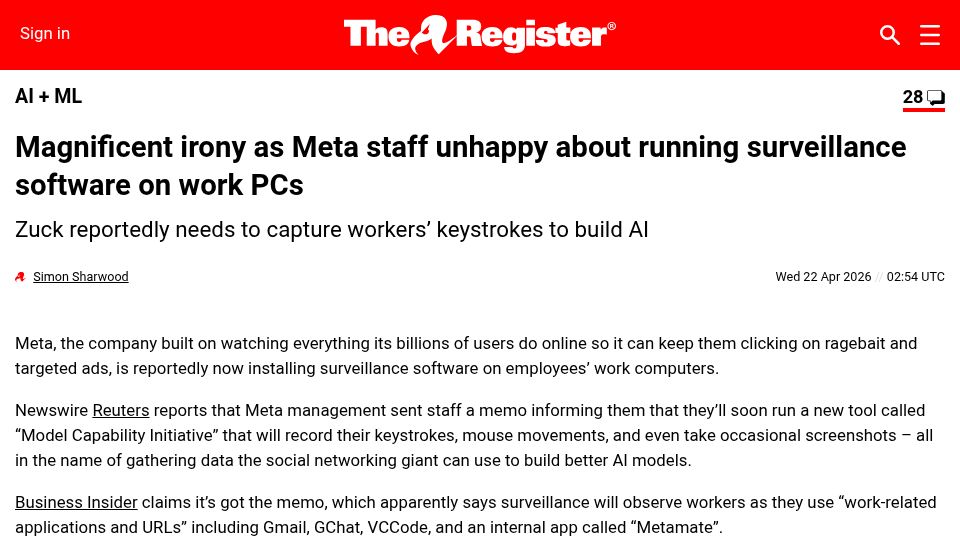Screenshot of theregister.com: Irony as Meta staff unhappy about running surveillance software on work PCs