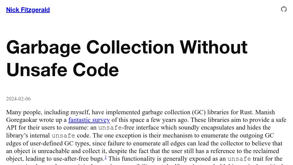 Screenshot of fitzgen.com: Garbage Collection Without Unsafe Code