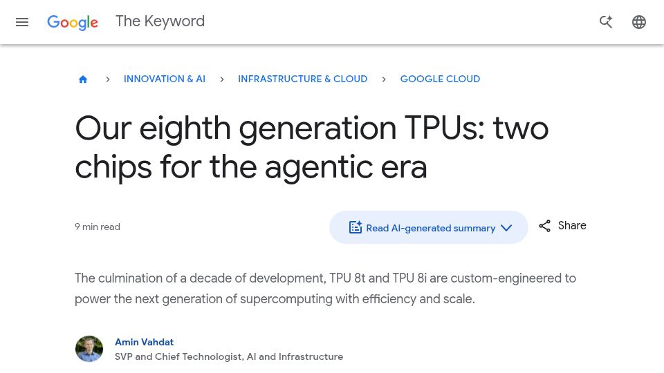 Screenshot of blog.google: Our eighth generation TPUs: two chips for the agentic era