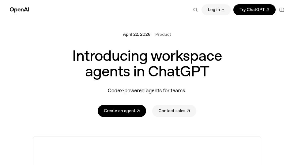 Screenshot of openai.com: Workspace Agents in ChatGPT