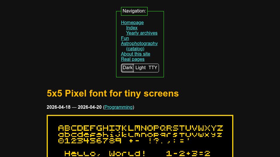 Screenshot of maurycyz.com: 5x5 Pixel font for tiny screens