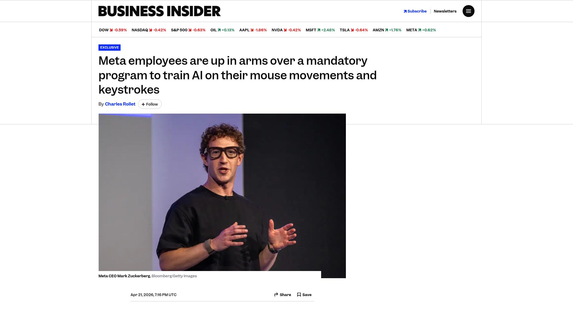 Screenshot of businessinsider.com: Meta employees are up in arms over a mandatory program to train AI on their