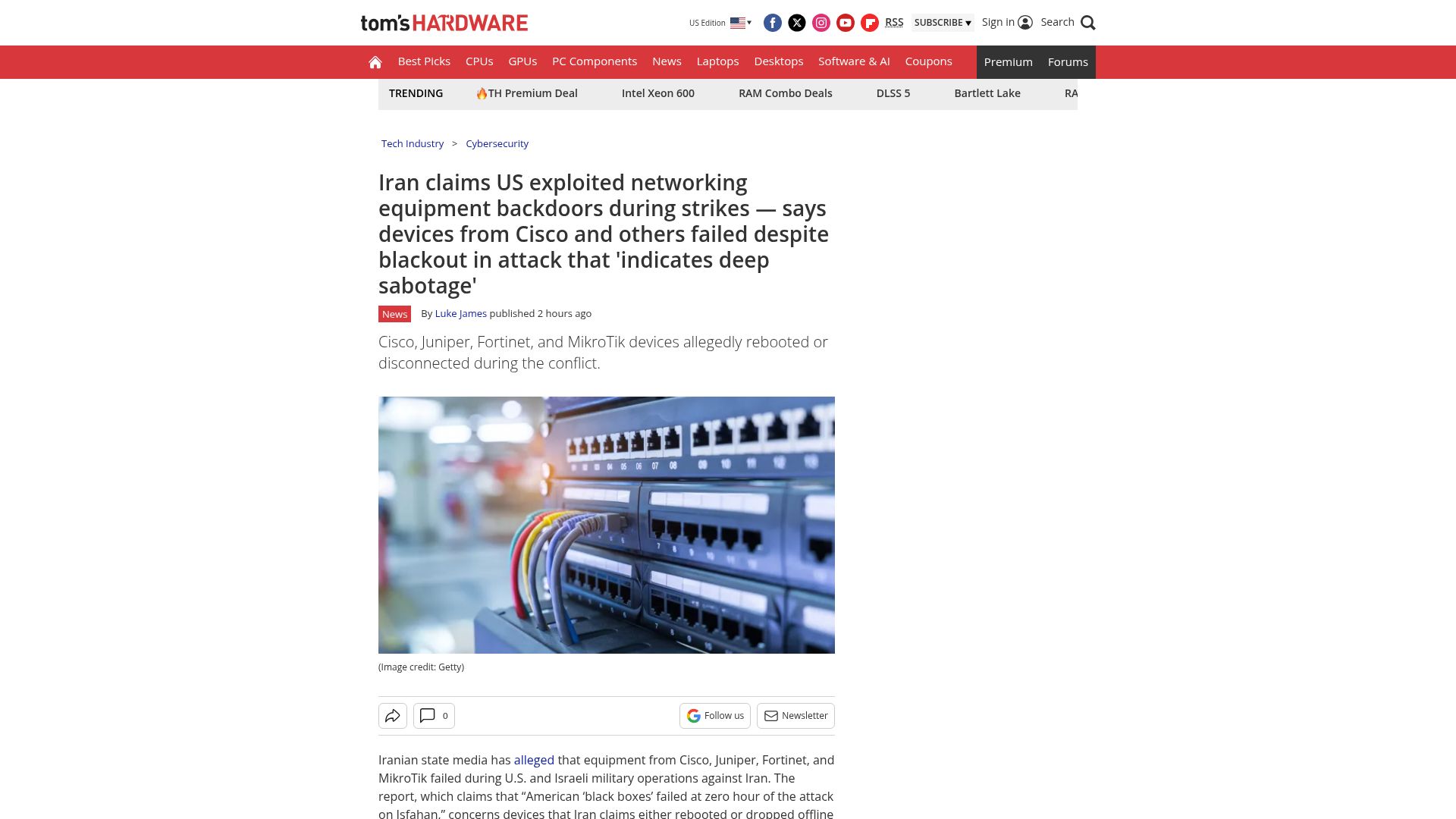 Screenshot of tomshardware.com: Iran claims US exploited networking equipment backdoors during strikes