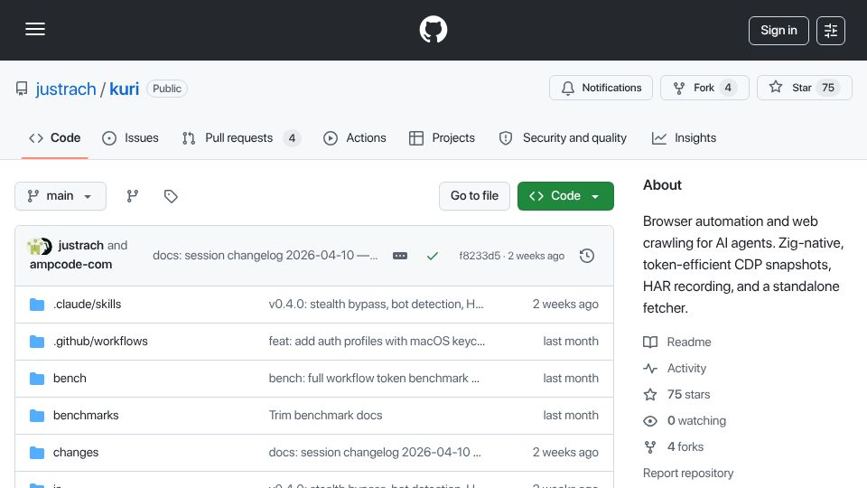 Screenshot of github.com: Kuri – Zig based agent-browser alternative