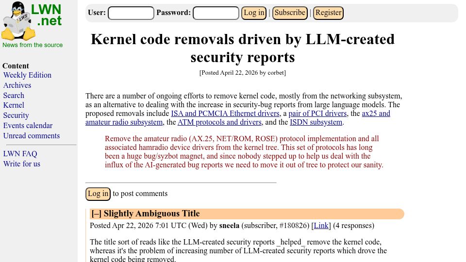 Screenshot of lwn.net: Kernel code removals driven by LLM-created security reports